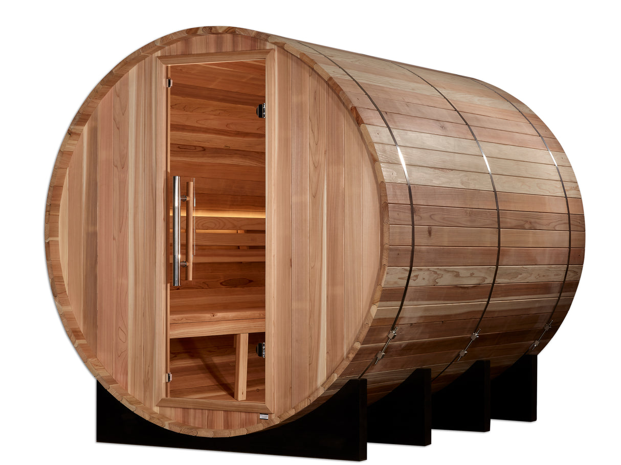 Golden Designs "Klosters" 6 Person Barrel Traditional Sauna - Pacific Cedar Golden Designs Recovery; foam rollers, advanced rollers, stretch and massage GDI_B006_01_2