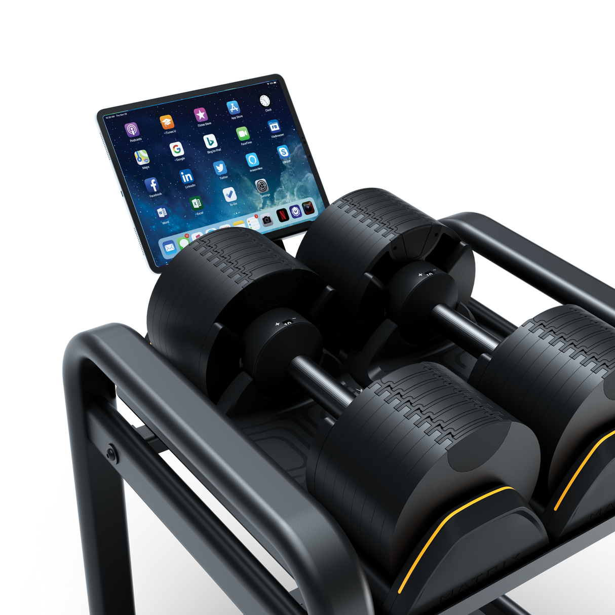 Matrix Adjustable Dumbbell Rack Matrix Dumbell racks, power block stand, plate and bar storage, kettlebell racks, ball racks MXR23_DBSRdbstorage-rackw-80lbw-iPaddetail_beautyhi-angleclose_1440x_fbae3052-f964-4aee-9552-54c3d9329c74