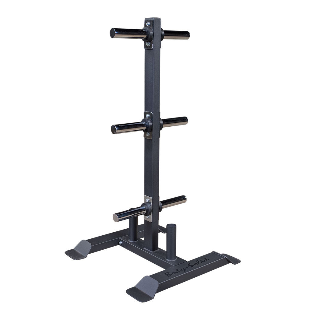 GWT56 2" Olympic Plate Tree and Bar Holder Body Solid Dumbell racks, power block stand, plate and bar storage, kettlebell racks, ball racks body-solid_gwt56-2-olympic-plate-tree-and-bar-holder_main