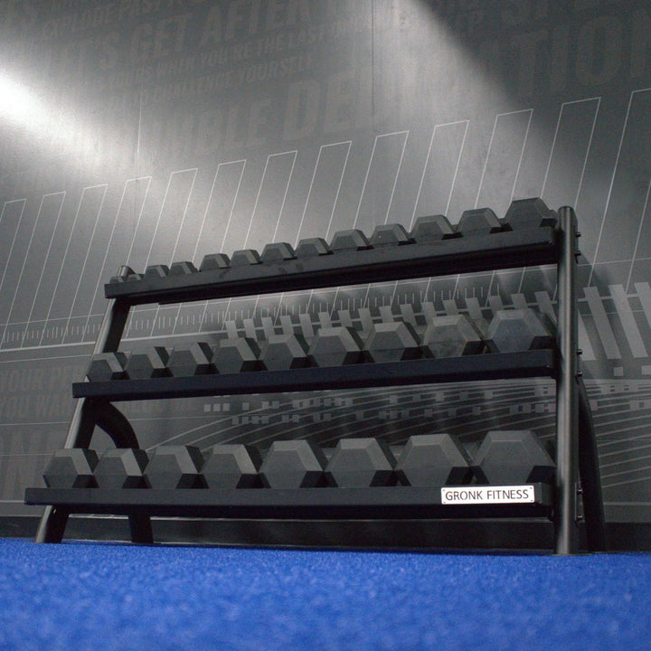 Gronk Fitness 3 Tier Dumbbell/Kettlebell Rack Gronk Fitness Products Dumbell racks, power block stand, plate and bar storage, kettlebell racks, ball racks gronkfitness_3-tier-flat-tray-dumbbell-kettlebell-rack-fits-5-75lb-db-set_view-4