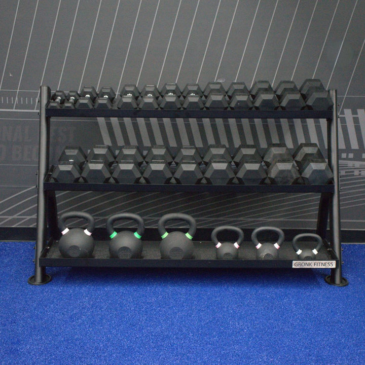 Gronk Fitness 3 Tier Dumbbell/Kettlebell Rack Gronk Fitness Products Dumbell racks, power block stand, plate and bar storage, kettlebell racks, ball racks gronkfitness_3-tier-flat-tray-dumbbell-kettlebell-rack-fits-5-75lb-db-set_view-6