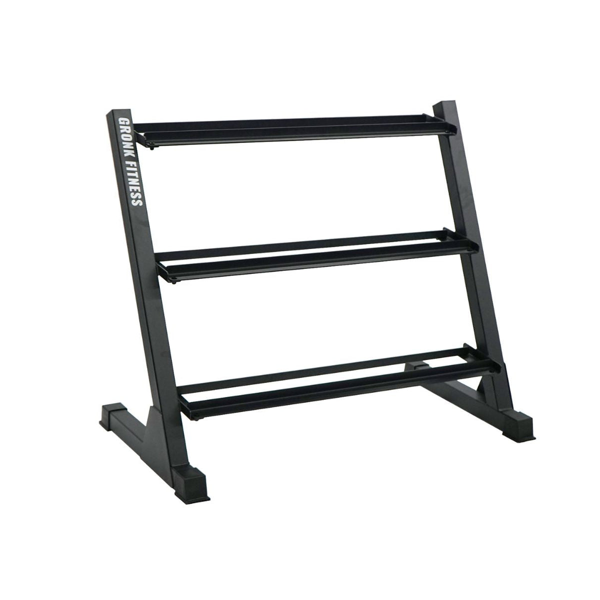 Gronk Fitness 3-tier dumbbell rack loaded with hex dumbbells — angle view