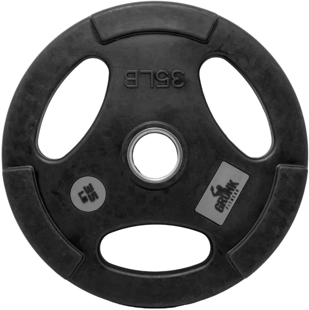 Gronk 35 lb rubber multi-grip Olympic plate, front view