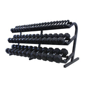 Troy 3 Tier Dumbbell Rack angled view with dumbbells
