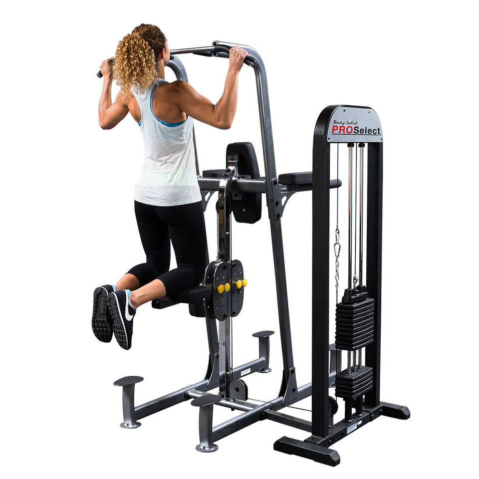 Body Solid FCD-STK Pro Select Weight Assist Chin-Up Dip Body Solid Home Gym, Small; Single stack or a-frame double stack (functional trainer). 5 functions or less FCD-STK-Cutout-Female-2015__54169.1735662094_818caa13-8756-41ab-be9f-3f88716830f3
