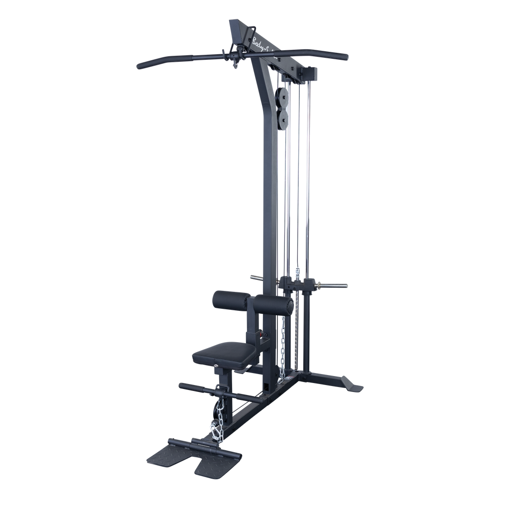 Body-Solid GLM85B Pro Lat/Low Row Machine — front three-quarter view with plate-loaded weight horn