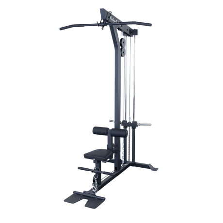 Body-Solid GLM85B Pro Lat/Low Row Machine — front three-quarter view with plate-loaded weight horn