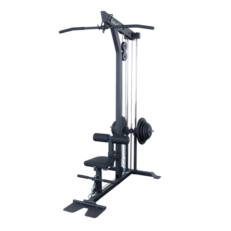 Body-Solid GLM85B Pro Lat/Low Row Machine — side angle view showing loaded weight plates