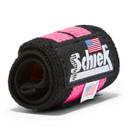 Schiek pink wrist wrap rolled with logo close-up