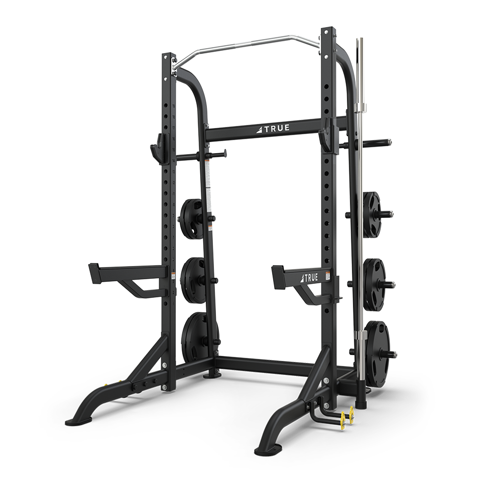 TRUE HALF RACK WITH PLATE HOLDERS MATTE BLACK - Final Stock TRUE Half rack, power rack or cage, smith, smith add-on XFW-8110-35-with-weights-and-band-pegs_960