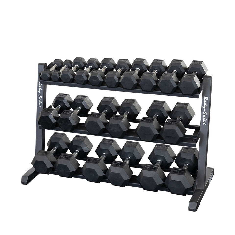 Body Solid GDR48B 3-Tier Dumbbell Rack Body Solid Dumbell racks, power block stand, plate and bar storage, kettlebell racks, ball racks body-solid_gdr48b-3-tier-dumbbell-rack_view-2