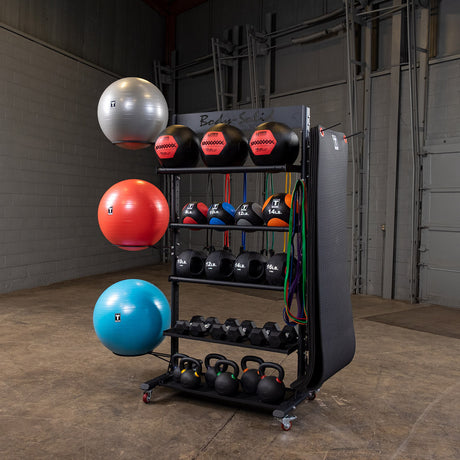 Body-Solid GAR250 Multi Storage Tower Body Solid Dumbell racks, power block stand, plate and bar storage, kettlebell racks, ball racks bodysolid_gar250_loaded_2