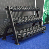 Gronk Fitness 3 Tier Dumbbell/Kettlebell Rack Gronk Fitness Products Dumbell racks, power block stand, plate and bar storage, kettlebell racks, ball racks gronkfitness_3-tier-flat-tray-dumbbell-kettlebell-rack-fits-5-75lb-db-set_view-2