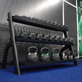 Gronk Fitness 3 Tier Dumbbell/Kettlebell Rack Gronk Fitness Products Dumbell racks, power block stand, plate and bar storage, kettlebell racks, ball racks gronkfitness_3-tier-flat-tray-dumbbell-kettlebell-rack-fits-5-75lb-db-set_view-3