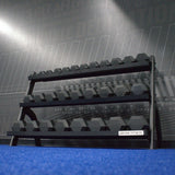 Gronk Fitness 3 Tier Dumbbell/Kettlebell Rack Gronk Fitness Products Dumbell racks, power block stand, plate and bar storage, kettlebell racks, ball racks gronkfitness_3-tier-flat-tray-dumbbell-kettlebell-rack-fits-5-75lb-db-set_view-4