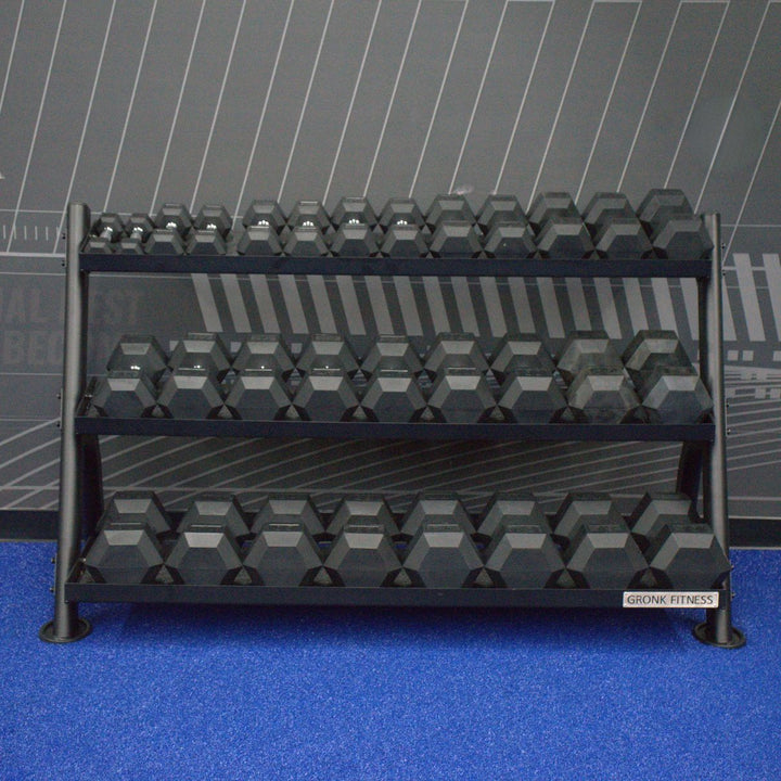 Gronk Fitness 3 Tier Dumbbell/Kettlebell Rack Gronk Fitness Products Dumbell racks, power block stand, plate and bar storage, kettlebell racks, ball racks gronkfitness_3-tier-flat-tray-dumbbell-kettlebell-rack-fits-5-75lb-db-set_view-5