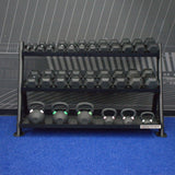 Gronk Fitness 3 Tier Dumbbell/Kettlebell Rack Gronk Fitness Products Dumbell racks, power block stand, plate and bar storage, kettlebell racks, ball racks gronkfitness_3-tier-flat-tray-dumbbell-kettlebell-rack-fits-5-75lb-db-set_view-6