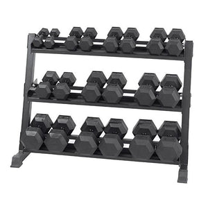 rubber dumbbells on a rack